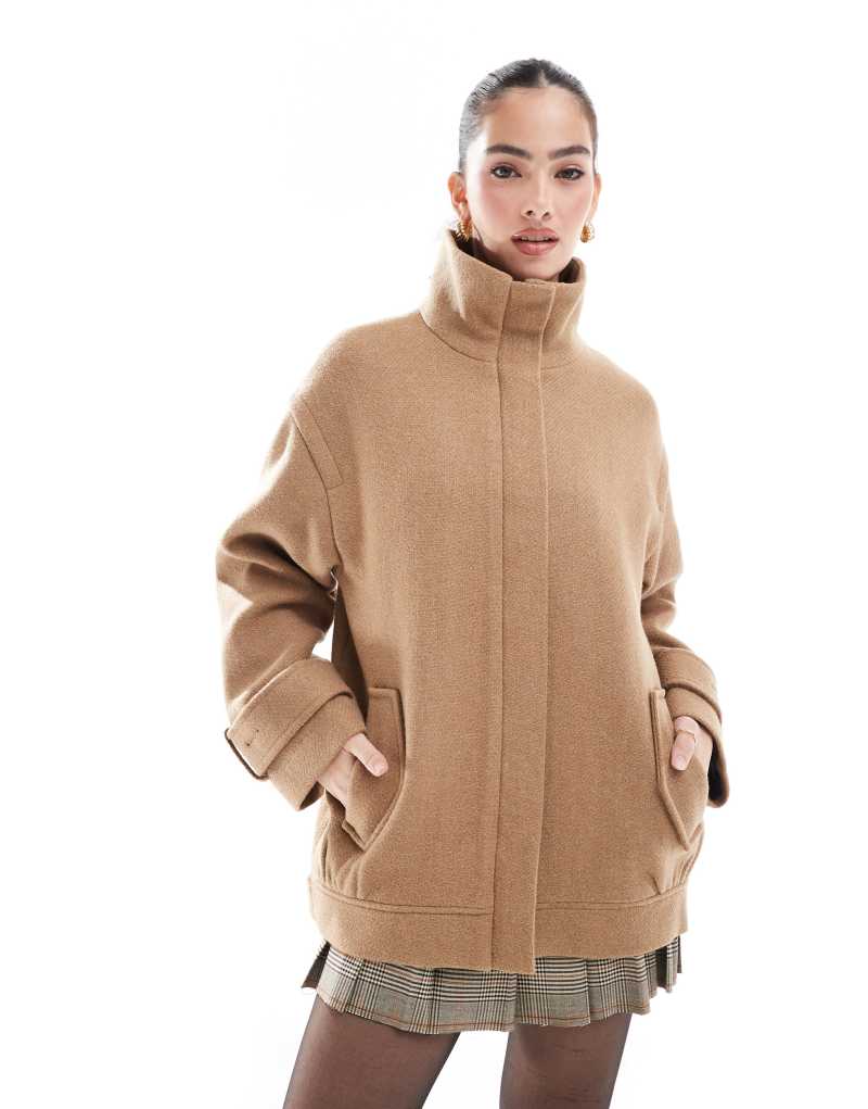 ASOS DESIGN funnel neck wool bomber jacket in camel Asos Design