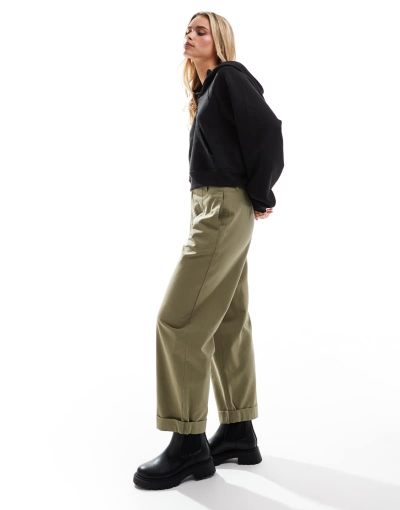 ASOS DESIGN Petite barrel pants with turn-up detail in olive Asos Design