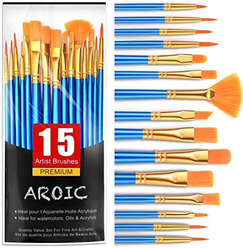 AROIC Acrylic Paint Brush Set, 15 pcs Nylon Hair Paint Brushes for All Purpose Oil Watercolor Face Body Rock Painting Artist, Small Paint Brush Kits for Kids Adult Drawing AROIC