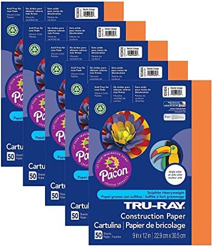 Pacon Tru-Ray 9-inch x 12-inch Construction Paper, Electric Orange, 50 Sheets/Pack, 5 Packs (PAC103404-5) Tru-Ray