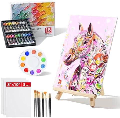 Simetufy Acrylic Paint Canvas Set - Chirstmas Gifts for Kids Ages 8-12, Kids Painting Set with 18 Colors,12 Paint Brushes, 3 Canvas Boards, Art Supplies for Students, Ages 4-8, Artists and Beginner Simetufy