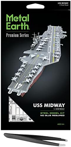 Metal Earth Fascinations Premium Series USS Midway Aircraft Carrier 3D Metal Model Kit Bundle with Tweezers Metal Earth