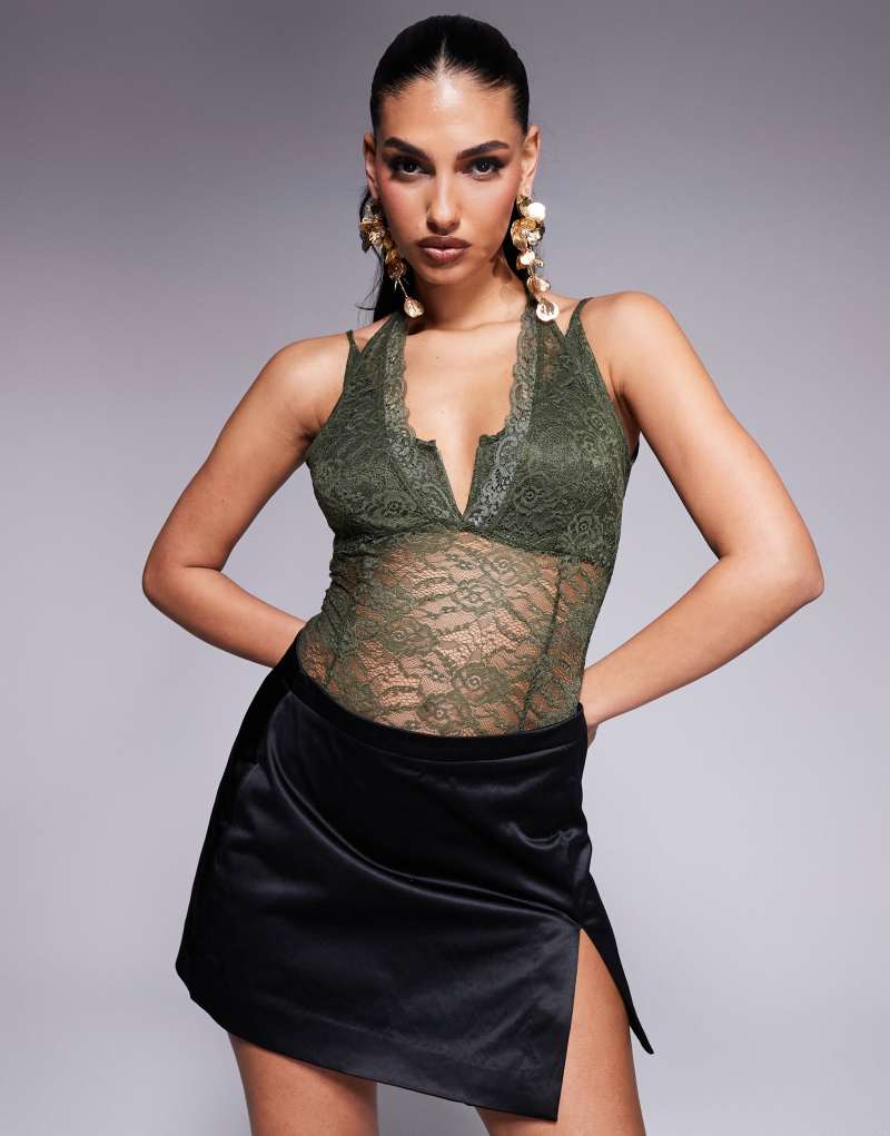 ASOS DESIGN strappy layered lace cami bodysuit in khaki Asos Design