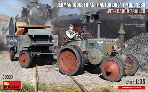 MiniArt MIN38033 1:35-German Tractor D8511 Mod 1936 w/Trailer Scale Model kit, Unpainted MiniArt