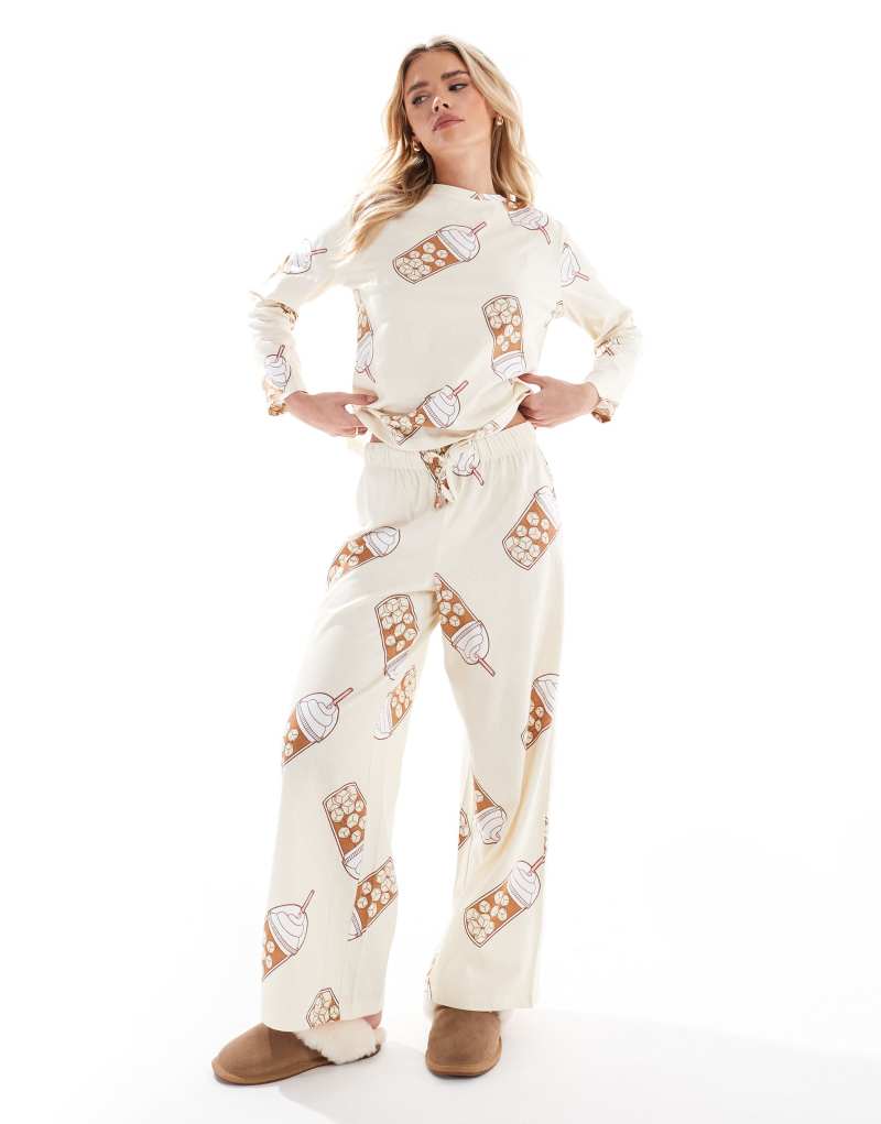 ASOS DESIGN Petite Iced coffee long sleeve top and pants pajama set in beige ASOS Petite