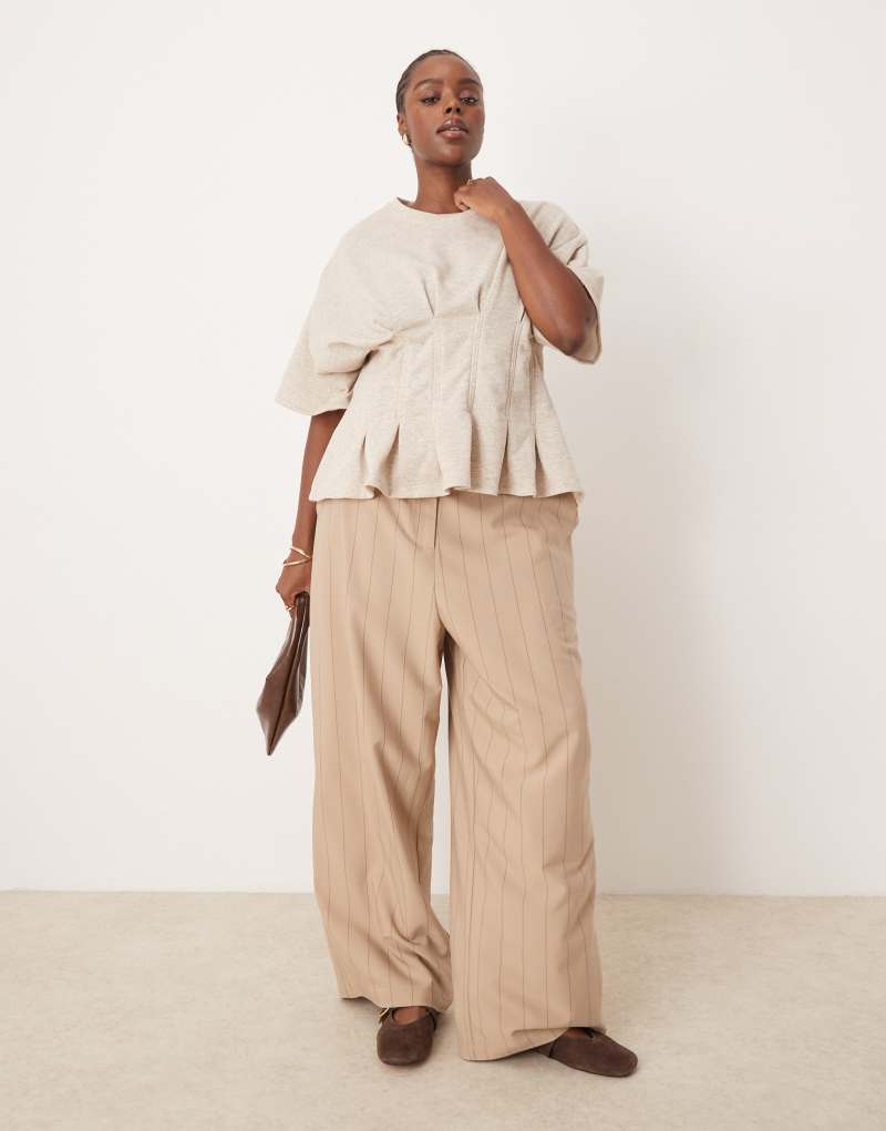 ASOS DESIGN Curve tailored wide leg dad pants in taupe stripe Asos Design