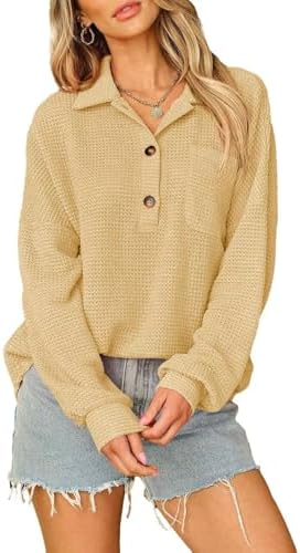 Комфортные женские футболки Henley от Astylish из вязаного вафельного трикотажа с длинными рукавами и V-образным вырезом Astylish