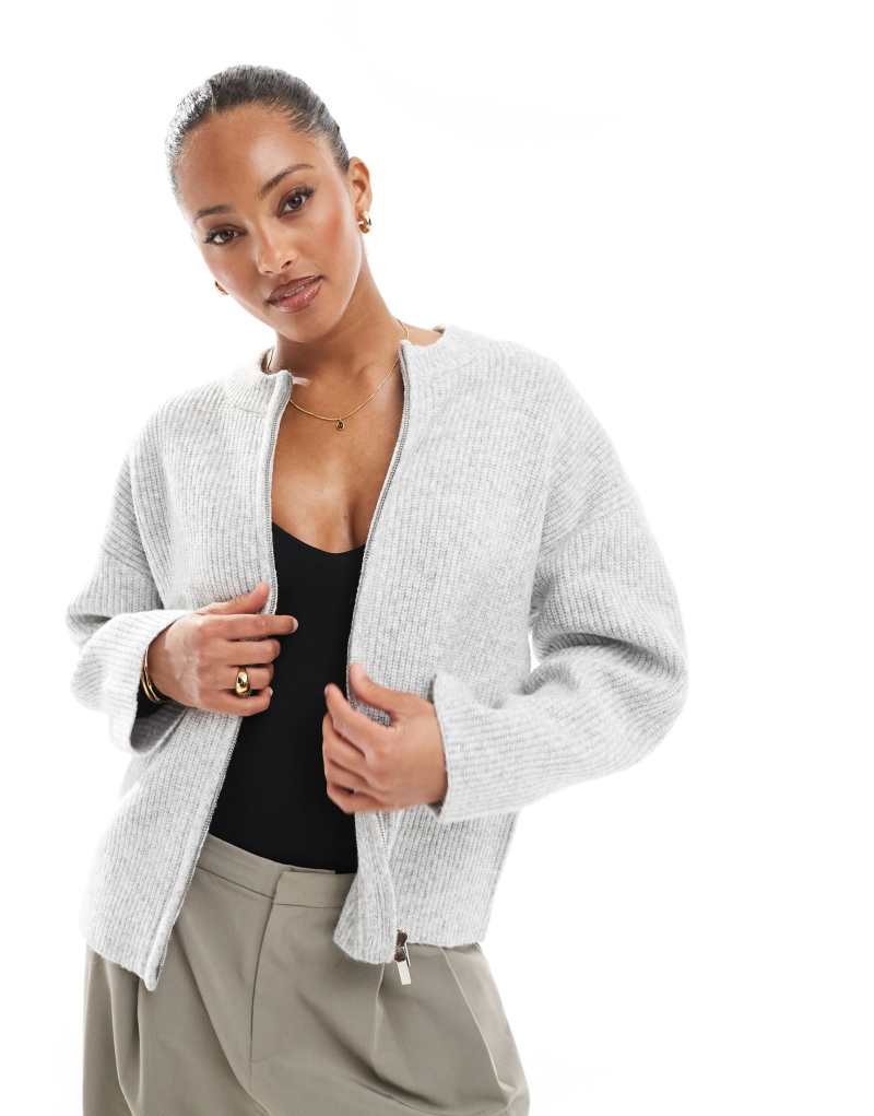 4th & Reckless premium high neck double zip knit bomber jacket in gray 4Th & Reckless