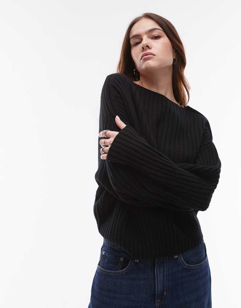 ARKET wool knit sweater with asymmetric off-shoulder in black Arket