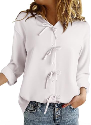 Astylish Womens Lightweight V Neck Long Sleeve Blouses Button Down Solid Color Shirt Bow Tie Front Tops Astylish