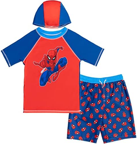 Marvel Avengers Captain America Pullover Raglan Swim Cap & Swim Trunks Bathing Suit & Short Sleeve Rash Guard Swim Shirt Marvel