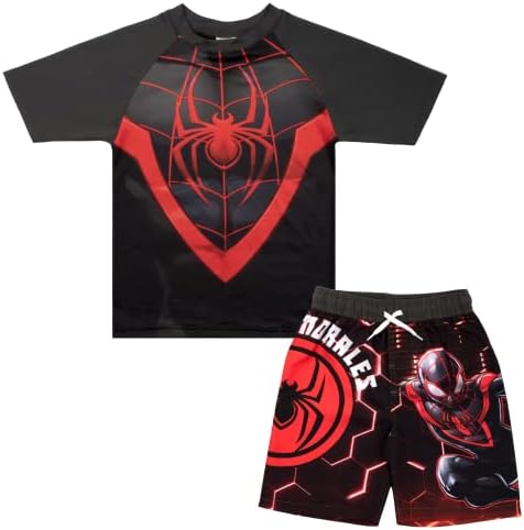 Marvel Boys Avengers Spiderman Black Panther Miles Morales 2-Piece Cosplay Swimsuit Set, Rash Guard & Swim Trunks for Boys Marvel