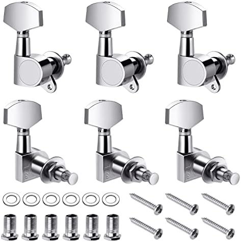 Flexzion Guitar Tuner Pegs Locking Tuners 3x3, 6 Pieces Chrome Finish Acoustic Guitar Pegs Key Machine Electric and Acoustic Guitar Tuner Musical Instrument Parts and Accessories Replacement Flexzion