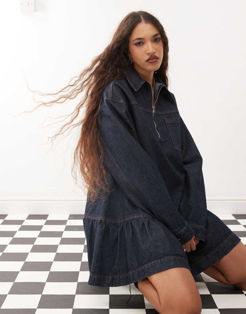 COLLUSION denim mini smock dress in indigo Collusion