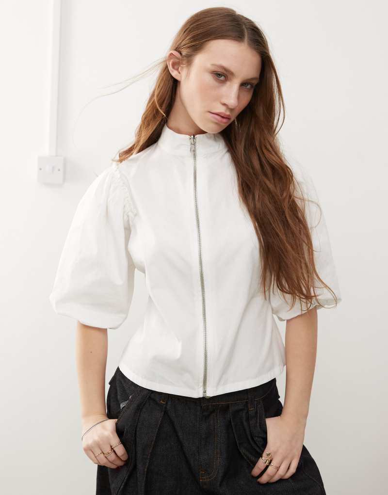 COLLUSION bubble sleeve top with zip detail in white Collusion