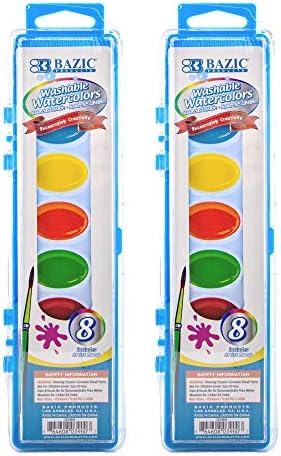 BAZIC Watercolor w/ Brush Semi Moist 8 Color, Non-Toxic Paint Set, for Kids Hobby Fun Art Supplies Crafts Vibrant Coloring Painting, 2-Pack Bazic Products