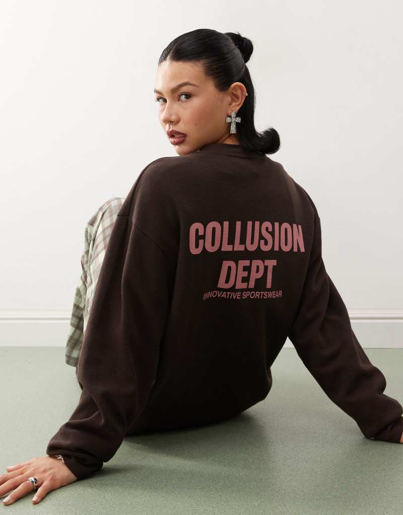 COLLUSION waffle long sleeve top with dept logo in pink Collusion