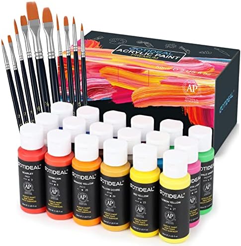 GOTIDEAL Acrylic Paint Set with 10 Brushes, 18 Colors(59ml, 2 oz) Art Craft Paint Non Toxic, Perfect for Hobby Painters, Artist, Adults, Ideal for Canvas Wood Ceramic Paint Supplies GOTIDEAL