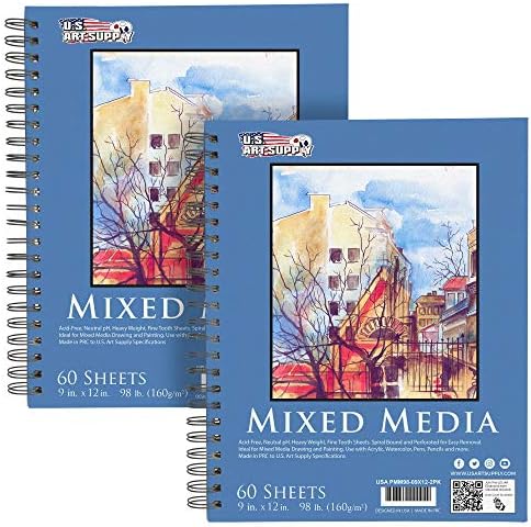 U.S. Art Supply 5.5" x 8.5" Mixed Media Paper Pad Sketchbook, 2 Pack, 60 Sheets, 98 lb (160gsm) - Spiral-Bound, Perforated, Acid-Free - Artist Sketching, Drawing, Painting Watercolor, Acrylic, Wet Dry U.S. Art Supply