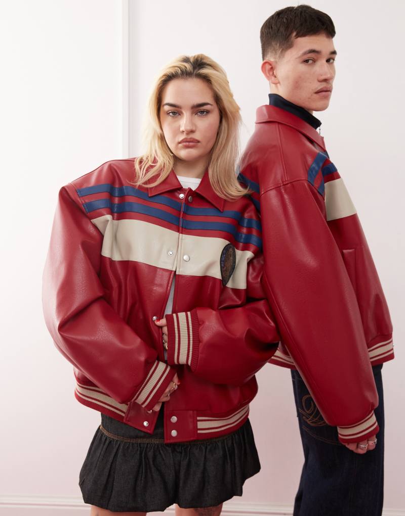 COLLUSION Unisex oversized spliced PU bomber jacket in red Collusion