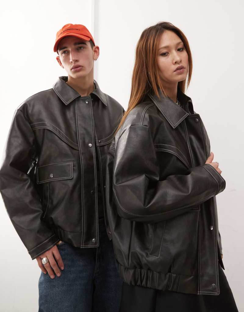 COLLUSION Unisex leather look bomber jacket in brown Collusion