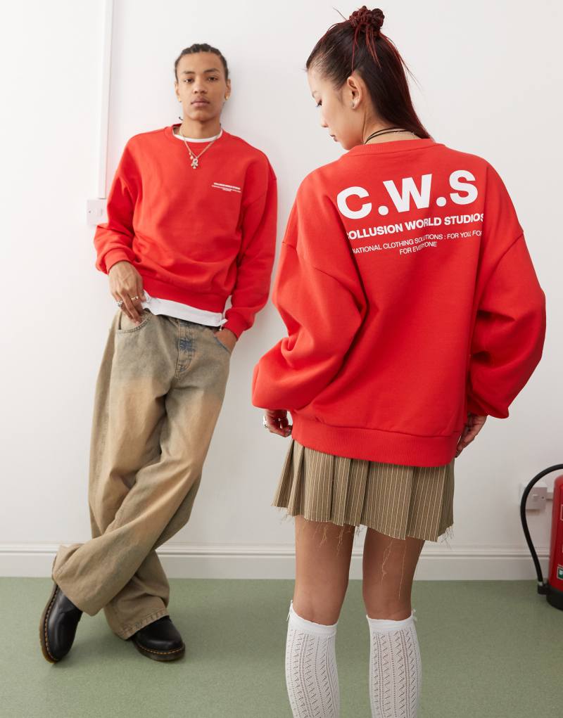 COLLUSION Unisex graphic boxy sweat in red Collusion