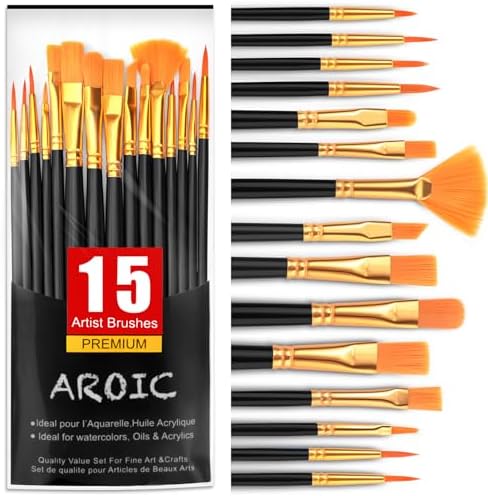 AROIC Acrylic Paint Brush Set,1pack/15pcs Nylon Hair Acrylic Painting Brush,Watercolor Rock Face Painting Brush, Artist Craft Brush Supplies, Paint Brush Set for All Purposes Children Adult Painting. AROIC