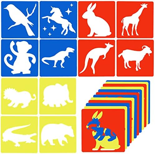 Prasacco 12 Pcs Stencils for Kids Animal Stencils Set 8 x 8 Inches Large Stencils for Kids Ages 4-8 Dinosaur Giraffe Kangaroo Monkey Shape Stencils Kit for Painting Drawing Prasacco