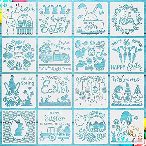 16 Pcs Easter Stencils Reusable for Painting on Wood 8 x 8 Inch Cute Bunny Sketch Stencils Birthday Stencils Craft Drawing Template for Easter Party Cards Scrapbook Notebook Home Decoration Chinco