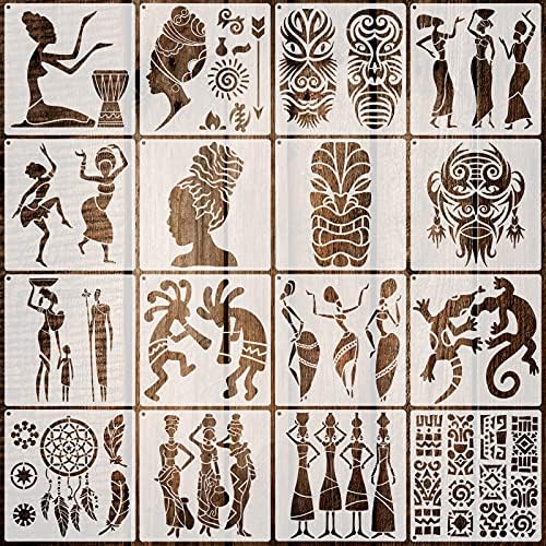 16 Pieces African Tribal Stencils Congo Mask Stencil Tribal Faces Stencil African Stencil Template Tribal Wall Painting Stencil and Metal Open Ring for Painting on Wood Wall Decor Zonon