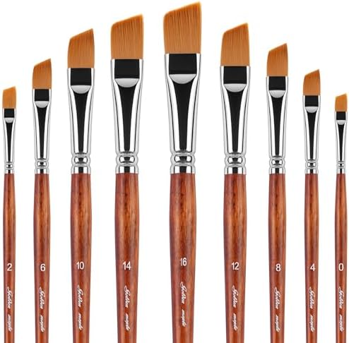 Golden Maple Angular Paint Brush, 9PC Oblique Tip Nylon Hair Short Handle Angled Paint Brushes Set Artist Professional Painting for Acrylic, Watercolor, Gouache and Oil Painting, Black Golden maple