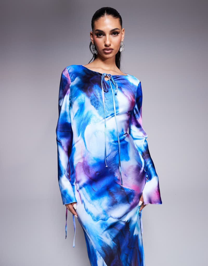 Daska satin maxi dress in cobalt blue abstract print Daska