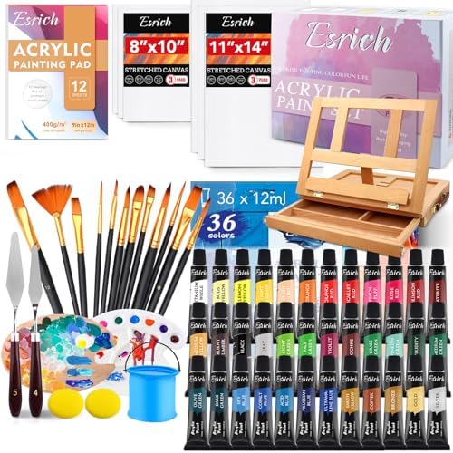 ESRICH 26PCS Acrylic Paint Set with 12Colors Acrylic Paints (12ml, 0.4 oz), 10 Paint Brushes, 2Canvas, 1 Wood Easel, 1 Plate, Painting Supplies Kits for Kids, Adults, Artists and Beginners ESRICH