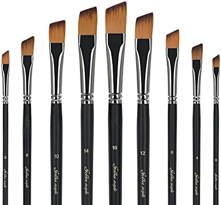 Golden Maple Angular Paint Brush, 9PC Oblique Tip Nylon Hair Long Handle Angled Paint Brushes Set Art Artist Professional Painting Supplies for Acrylic, Watercolor, Gouache and Oil Painting Golden maple