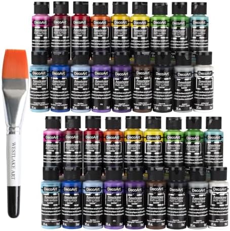 DecoArt Americana Multi Surface Satin Paint, Assorted Acrylic Paint Kit For Various Surfaces, Bundled With Watercolor Paint Brush - Water Based Paint, Satin Finish, [Pack Of 2] Westlake art