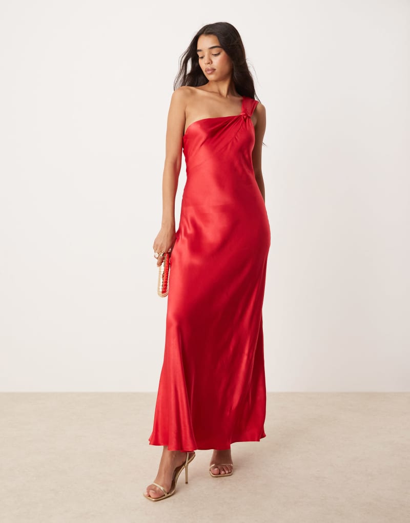 Ever New off shoulder satin midaxi dress in red Ever New