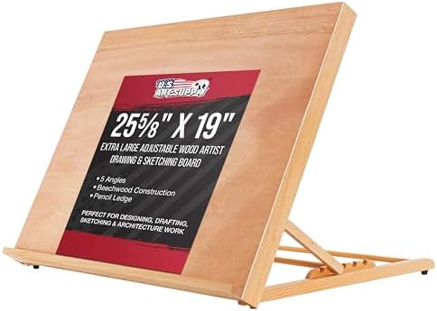 U.S. Art Supply X-Large 25-5/8" x 19" (A2) Adjustable Wood Art Drawing Board - 6 Angles, Beechwood Construction, Pencil Ledge, Locking Storage Drawer - Perfect for Design, Drafting & Architecture U.S. Art Supply