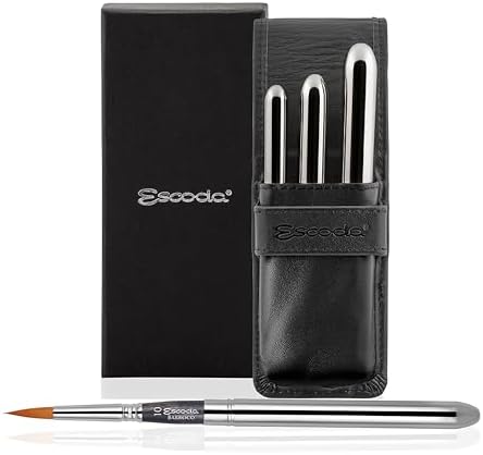 Escoda Barroco Series Professional Artist Watercolor Travel Brush Set with Synthetic Leather Wallet, 3 Round Travel Brushes, Synthetic Gold Toray Fiber Escoda