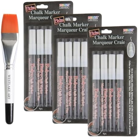 Bistro Chalk Marker, 4 Counts | Bundled With Watercolor Paint Brush – White Chalkboard Markers Fine Point, Vibrant, Opaque Ink For Chalkboards & Non-Porous Surfaces [Pack Of 3] Westlake art