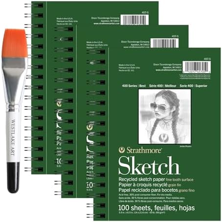 westlake art Sketchpad 400 Series, 100 Sheets - Sketch Book 5.5 X 8.5 Spiral Drawing Pads for Artists | Bundled with Watercolor Paint Brush - Ideal for for Drawing, Illustration (Pack of 3) Westlake art