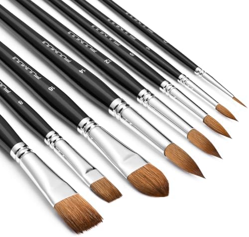 Sable Watercolor Brushes Professional, Fuumuui 8Pcs Kolinsky Sable Brush Set Variety Shapes with Flat, Round Pointed, Cat's Tongue Oval Wash Perfect for Watercolor Acrylic Gouache Inks Painting Fuumuui