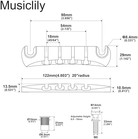 Музыкальный бридж Musiclily Pro из цинкового сплава для 4-струнного баса, расстояние между струнами 54 мм, крепление 98 мм Musiclily