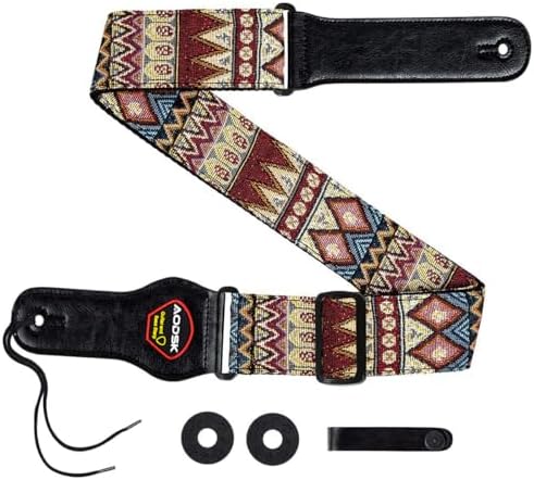 AODSK Guitar Strap,Red Vintage Woven Cotton Guitar Straps with PU Leather Ends,W/FREE BONUS -Strap Locks + Strap Button.For Bass, Electric & Acoustic Guitars,2'' Wide. AODSK