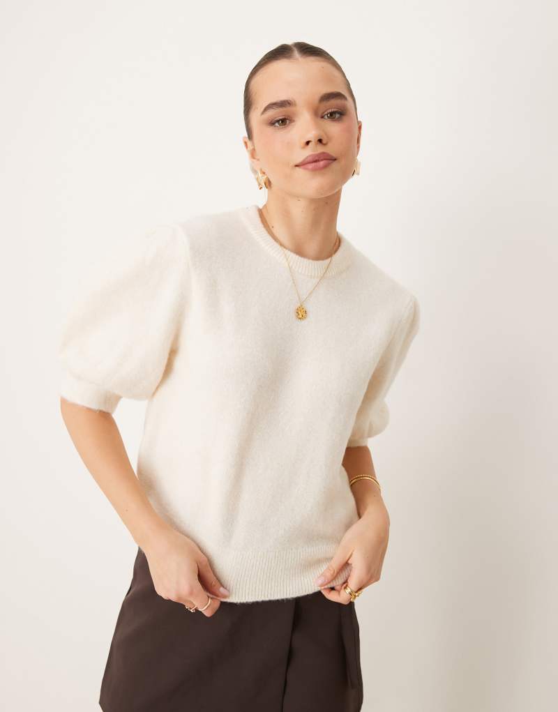 Gina Tricot knitted sweater with puff short sleeves in off white Gina Tricot