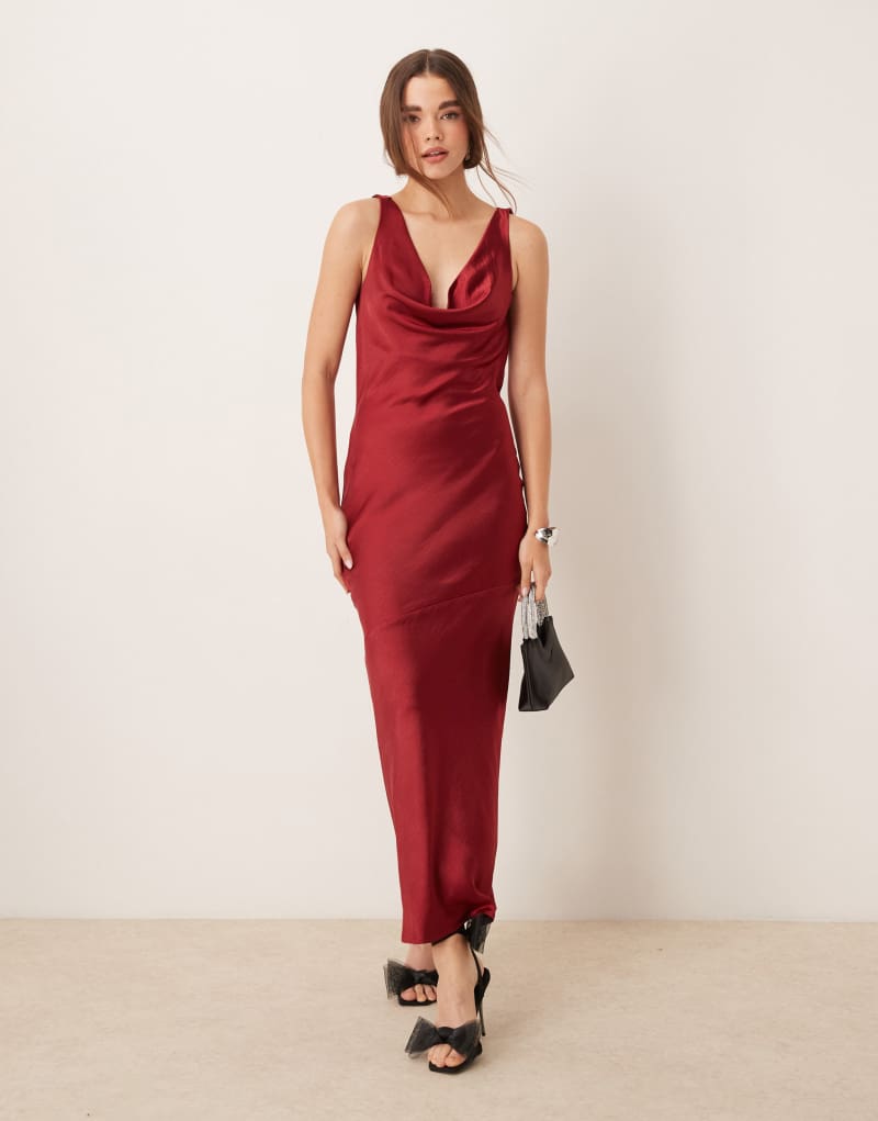 GINA TRICOT cowl neck low back satin bias cut maxi dress in burgundy Gina Tricot