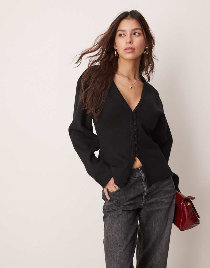 Gina Tricot sculpt shaped knit button up cardigan in black Gina Tricot