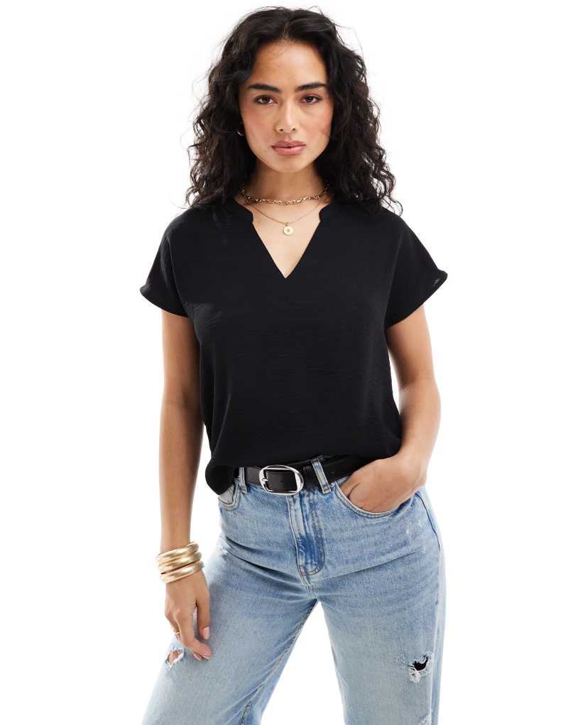 JDY v neck short sleeve blouse in black Jdy