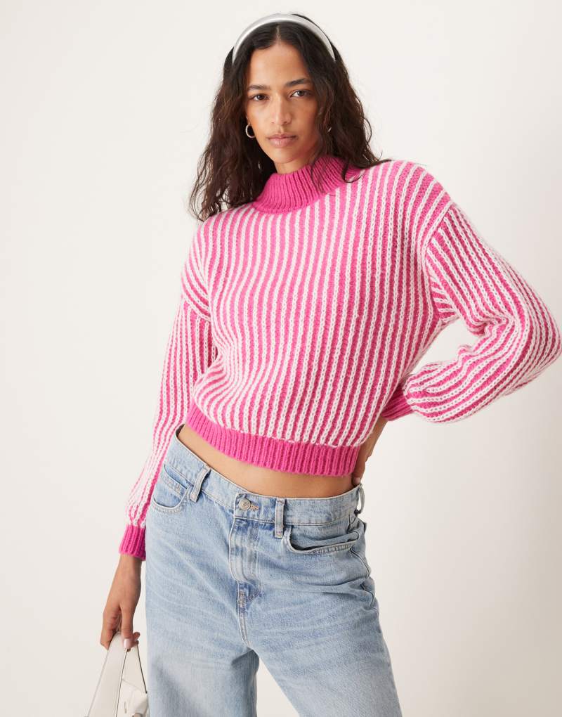 JDY high neck textured stripe sweater in pink Jdy