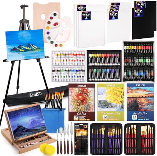 141PCS Deluxe Artist Painting Set, Painting Supplies with 84 Paint(Oil, Watercolor，Acrylic Paint) Metal and Wooden Easels, Canvas, Paper Pads, Paintbrushes etc. for Adults, Kids, Artists ESRICH