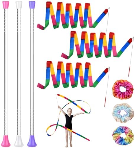 3 Pcs Twirling Batons 3 Pcs Ribbon Dancer Wands and 3 Pcs Rainbow Scrunchies for Kids, PLULON 21in Dance Batons For Baton Twirler, Kids' Gymnastics Twirling Baton for Artistic Dance Plulon